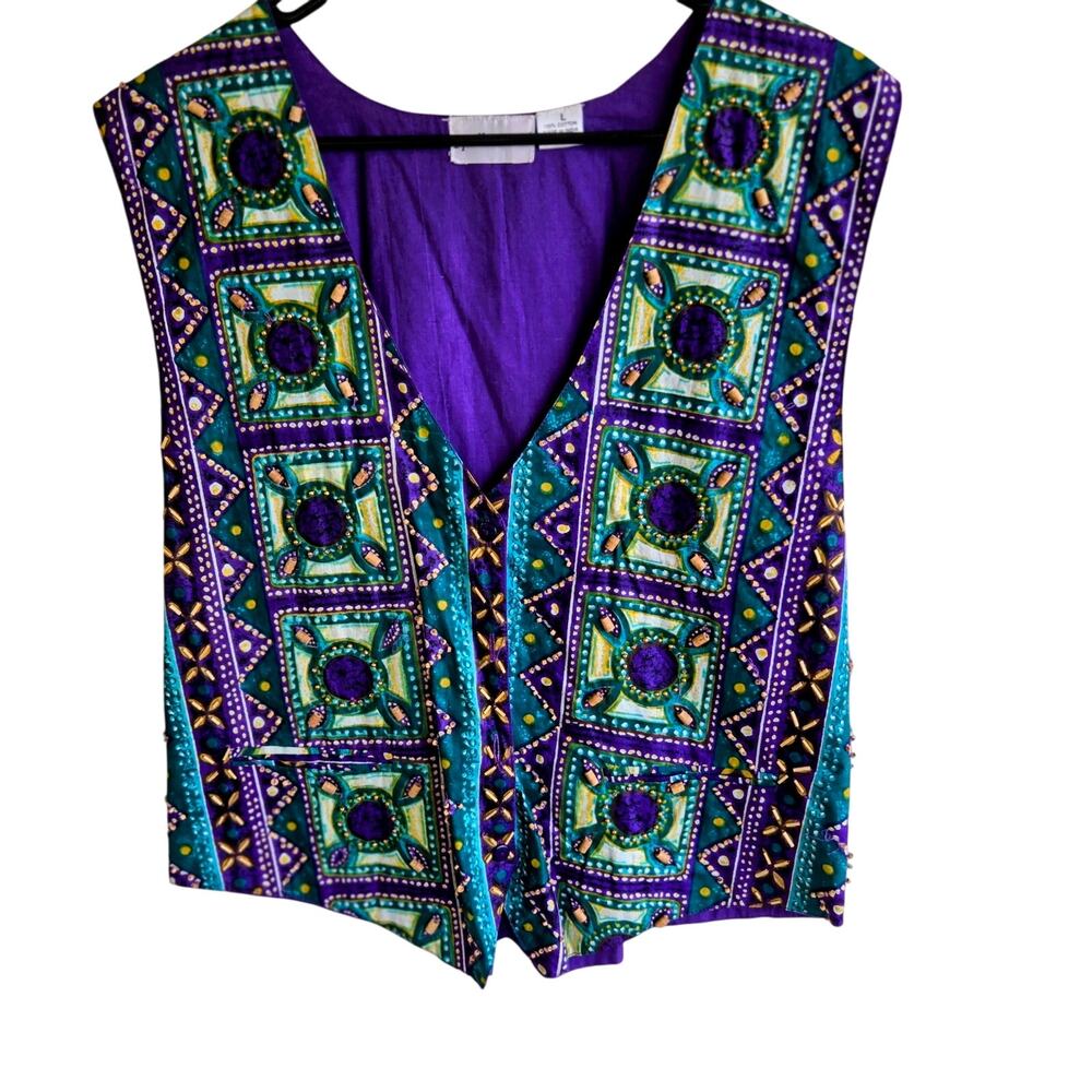 Vintage Spell Bound Vest Size Large Beaded Art to Wear Tie Back Purple Festival